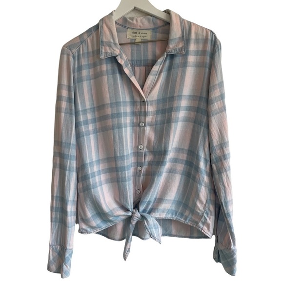 Cloth & Stone Plaid Tie Up Flannel Shirt, Pink & Blue, Size S - Picture 1 of 7